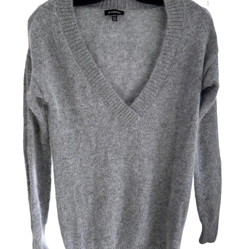 Le Château Women's Grey Angora Rabbit Hair Blend V-Neck Sweater - Size XS